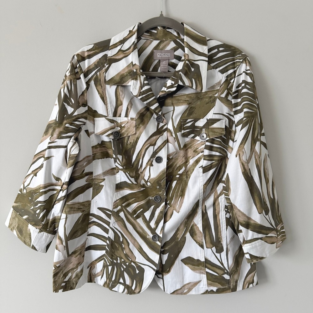 Chicos Palm Leaf Jacket Olive Green White Cotton Stretch Size 2 Large
